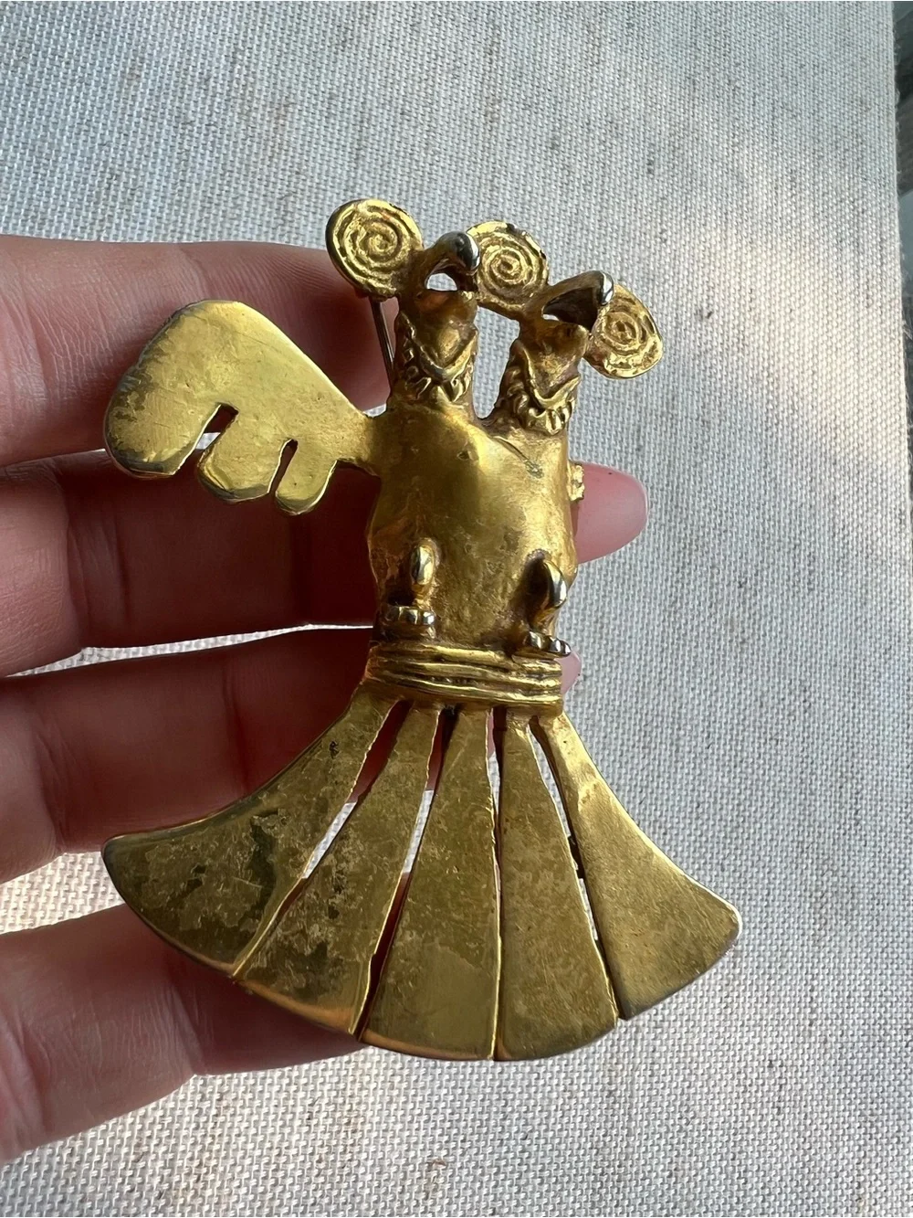 Brass Double-Headed Bird Pendant - Gold Tone